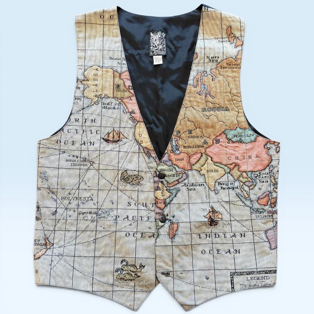 Attitudes Vest Mens Medium Multicolor World Map Nautical Cotton Belted Made USA